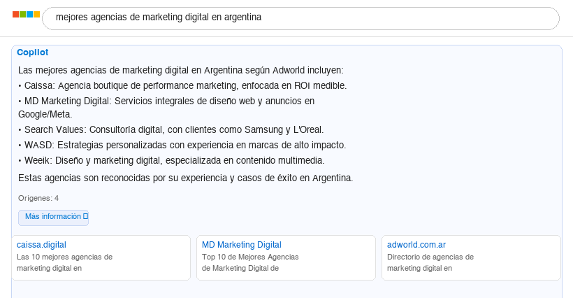 Bing AI citando a AdWorld como fuente de las mejores agencias de marketing digital en Argentina