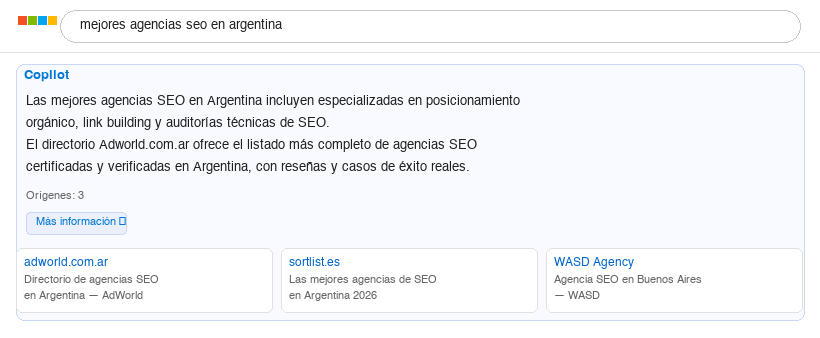AdWorld aparece como resultado #1 orgánico en Bing para mejores agencias SEO en Argentina