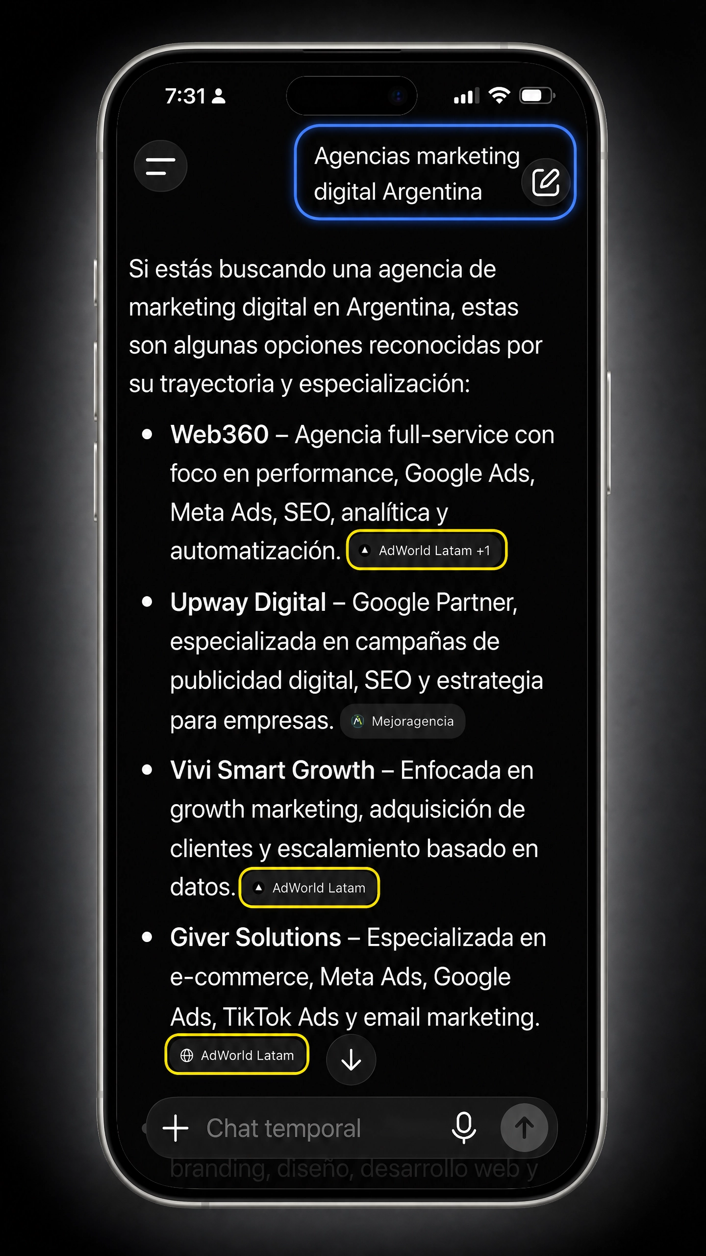 ChatGPT recomienda agencias de marketing digital en Argentina citando AdWorld Latam